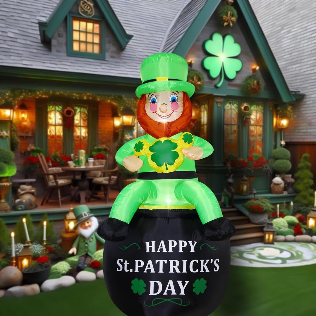 6 FT St. Patrick's Day Inflatable Leprechaun, Blow up Leprechaun Sits on Cornucopia Outdoor Decoration with LED Lights, for Yard Garden Lawn Front Door Holiday Decor (6FT Leprechaun on Cornucopia)