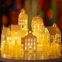 10 Pcs 3D Christmas Village Houses Sets White Winter Village with Light Xmas Houses and Trees Lantern Paper Decoration Christmas Figurines Scene Desktop Ornament for Home Xmas Village Party Decor