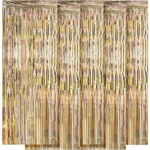 5 Pack Champagne Gold Fringe Curtains (3.2ft x 8.2ft) for Birthday, Wedding, Christmas Decoration