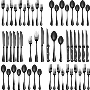 24 Pcs Black Silverware Set with Steak Knives, Stainless Steel Flatware Cutlery Set Service for 4, Kitchen Tableware Set, Utensil Set for Home and Restaurant, Knives Forks Spoon Set, Dishwasher Safe