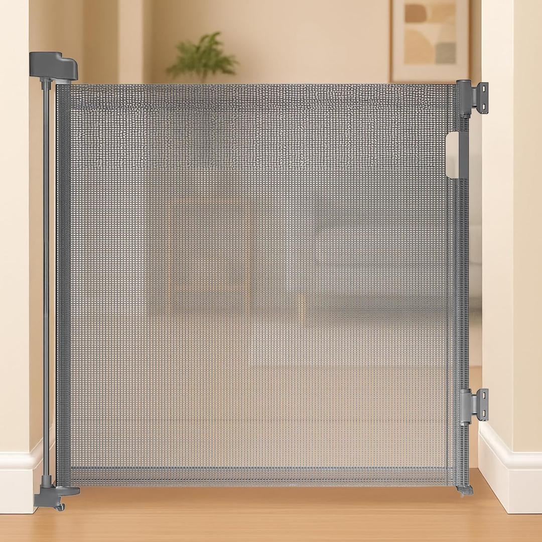 Retractable Baby Gate  35" Tall, 55" Wide Mesh Safety Gate for Dogs & Babies, Indoor/Outdoor Use for Stairs, Doorways, Hallways, Deck & Porch  Easy One-Handed Wall Mount Design (Gray)