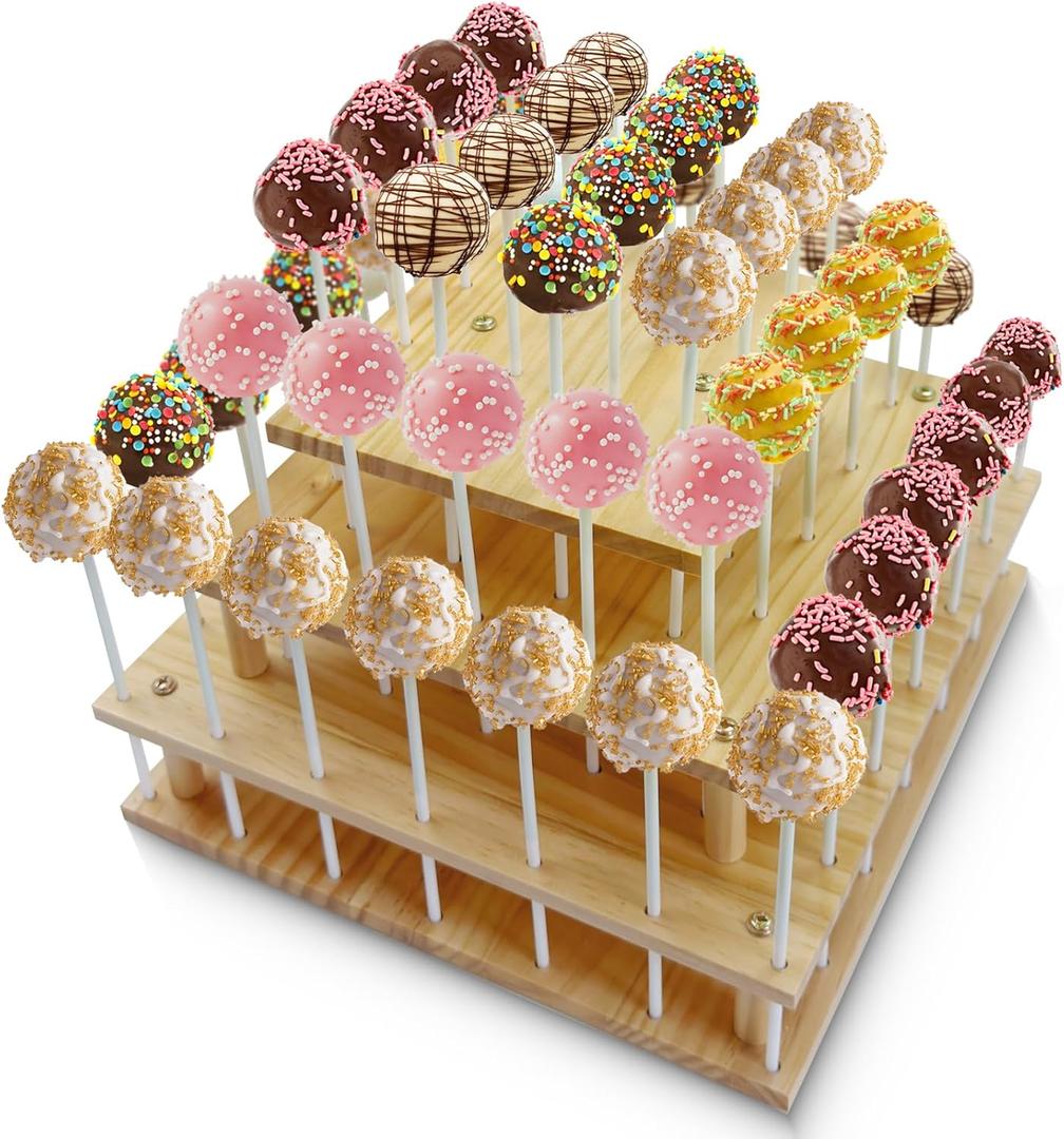 Wood Cake Pop Stand 56 Hole Cake Pop Tower 3 Tier Lollipop Stand Square Cake Pop Display Stand for Wedding Birthday Party