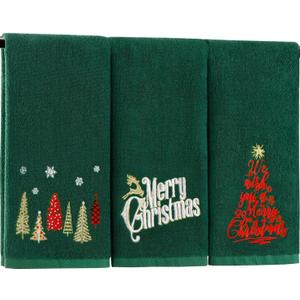 Quera 3 Pack Christmas Hand Towels 100% Cotton Embroidered Green Bathroom Decor Decorative Kitchen Towels Set for Drying, Cleaning, Cooking, Holiday Towels Gift Set