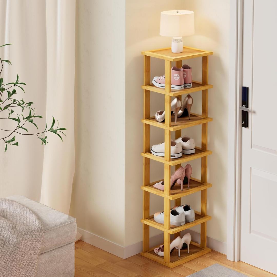 ZUJJAFY Vertical Shoe Rack for Entryway, Small Shoe Rack 7-Tier Tall Shelf for Narrow Spaces Free Standing, Bamboo Shoe Racks Organizer for Closet Corner Bedroom and Garage