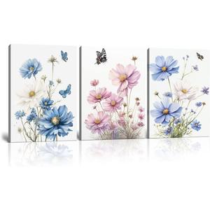Flower Canvas Wall Art Colorful Floral Picture for Bathroom Watercolor Blue Yellow Pink Wildflower Wall Decor Nature Scenery with Butterfly Painting Framed Artwork (12" W x 16" H x 3 Panels)