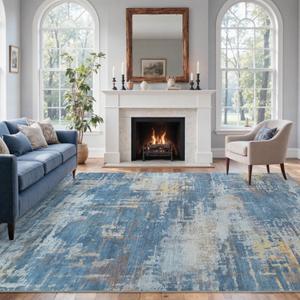 9x12 Ft Extra Large Washable Area Rugs for Living Room, Soft Non-Slip Modern Abstract Print Pattern Carpet for Bedroom Indoor Floor Nursery Home Decor (Blue/Gold)