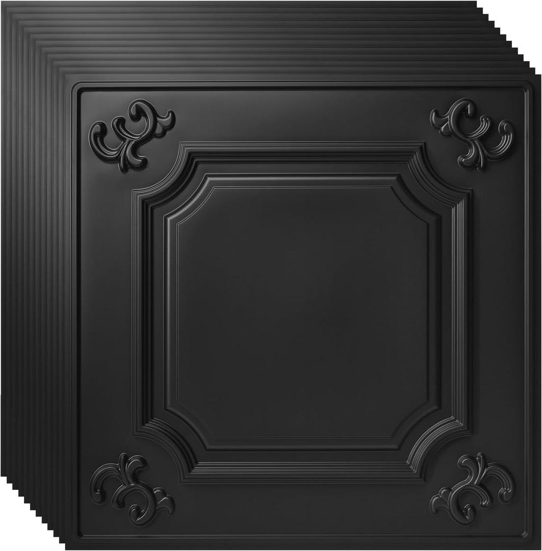 Art3d Drop Ceiling Tiles 24x24,(12-Pack, 48 Sq.ft),Wainscoting Panels Glue Up 2x2, Black