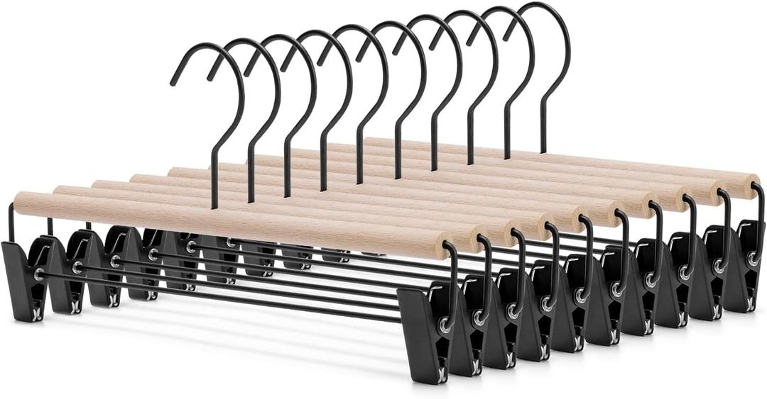Nature Smile Deluxe Beech Wooden Pants Hangers Bottom Hanger Jeans Hanger Trousers Skirt Hanger with 2-Adjustable Black Matt Clips and Hook 10 Pack (Natural Wood+Black Metal) (13 inches 10pack)