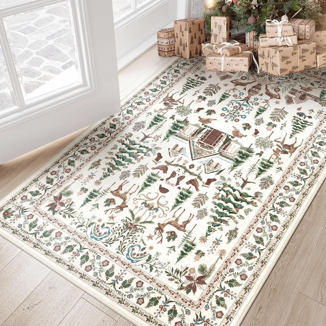 LIVEBOX Washable Rugs 3x5, Soft Vintage Neutral Rugs, Christmas Holiday Rug for Entryway with No-Slip Backing Retro Carpet for Kitchen Laundry Room (Beige)