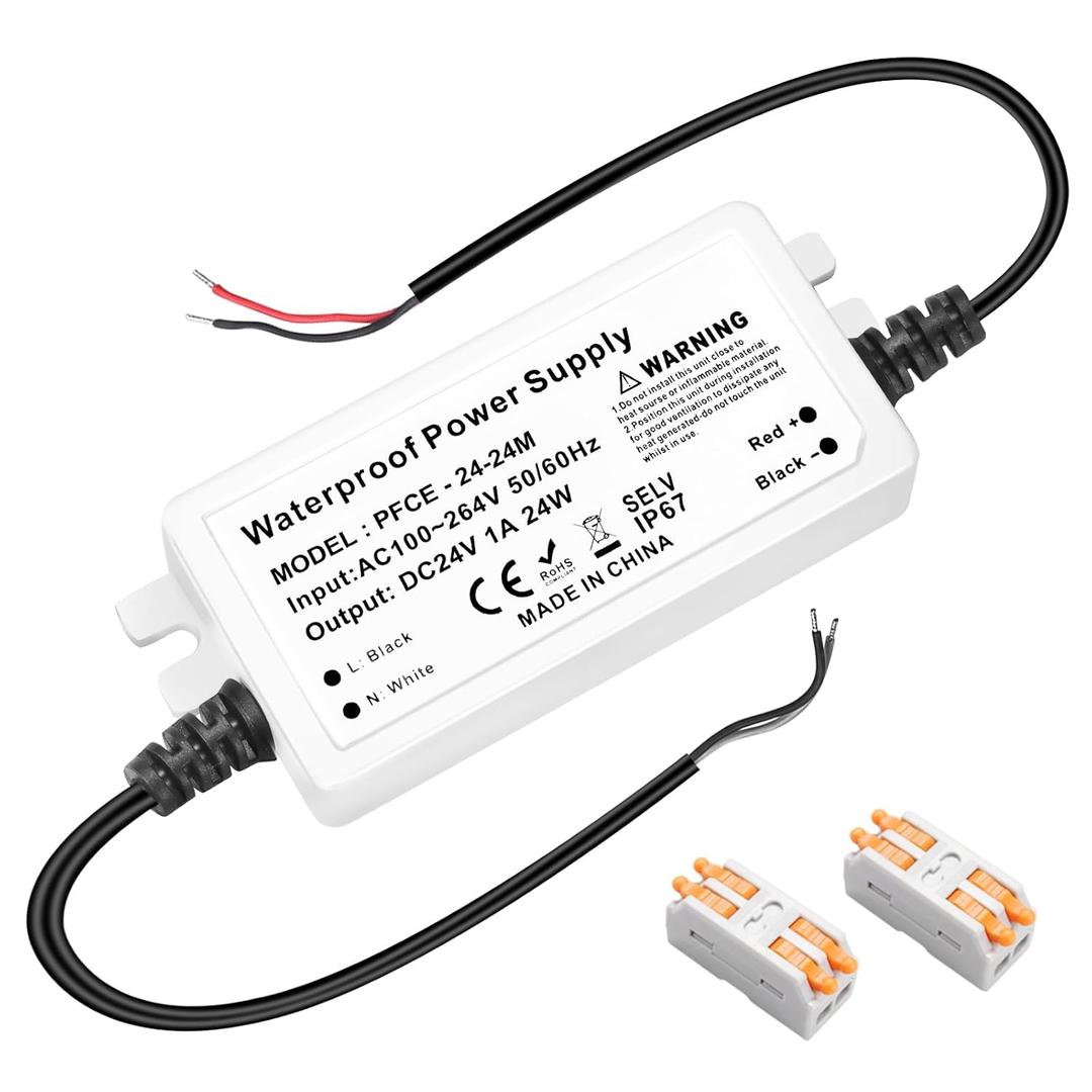 LED Driver 24 Watts 1A, LED Power Supply 24V, 120V to 24V Transformer Waterproof IP67 for Indoor and Outdoor LED Lighting
