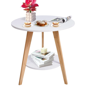 Round Wooden Coffee Table, 2-Tier Modern Minimalist Design, 23.6'' Wide x 23.6'' Tall, Multi-Use Sturdy End Table for Living Room, Bedroom, Balcony