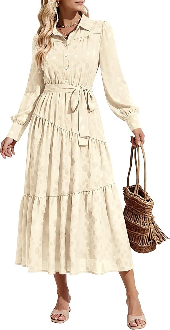 dowerme Women's Casual Dresses 2025 Fall Fashion Long Sleeve Button Up Floral Print Belted Tiered Boho Maxi Party Dress, Size XXL (Beige)