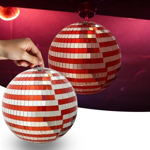 Mirror Disco Ball, 8 Inch Red and Sliver Hanging Party Disco Ball, Big Party Decorations Reflective Mirror Balls for Christmas Dance Floor, Birthday, Wedding, DJ, and Home Stage Décor (set of 2)