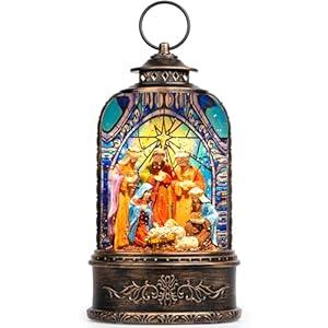 Christmas Snow Globe Lantern, Lighted Nativity Scene Musical Water Lantern Play Silent Night Music in Swirling Glitter, Holiday Decorations Gifts for Family, Children or Friends