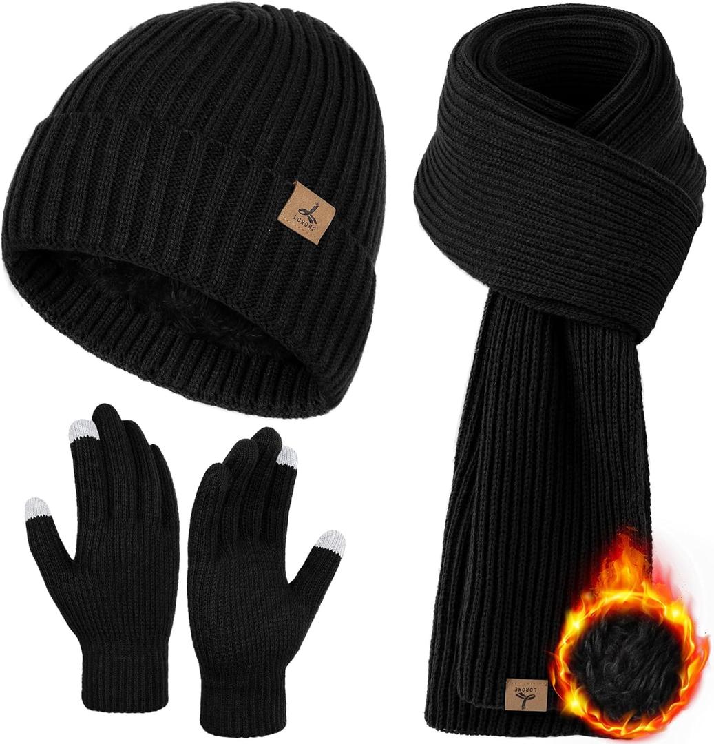 3 PCS Winter Hat Scarf Gloves Set, Soft Warm Knit Beanie Hat Touchscreen Gloves Long Knitted Scarf Set Winter Gifts for Men (Black-1)