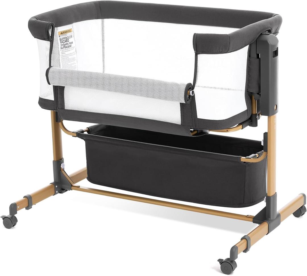 Baby Bassinet Bedside Sleeper,3-in-1 Rocking Bassinet for Baby with 6-Level Height Adjustable, 4 Wheels & Breathable Mesh Walls, Portable Bedside Crib with Mattress for Newborn (Dark Grey)