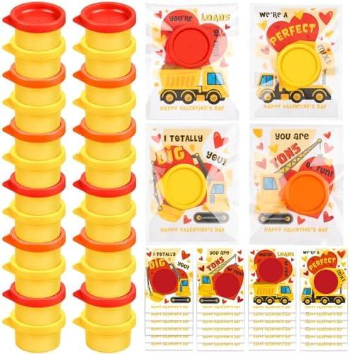 24 Pack Valentines Cards with Playdough Construction Vehicles Greeting Card DIY Modelings Clays Bulk Funny Valentine Exchange Cards for School Class Classroom Party Favors