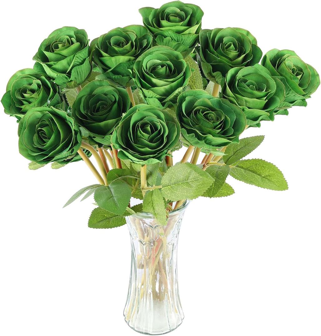Hananona Artificial Roses Flowers for St. Patrick's Day，12 Pcs Silk Green Rose Bouquet for Spring Home Decoration, Green Faux Roses for Wedding