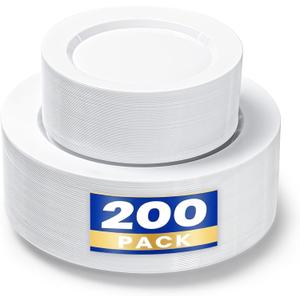 200PCS White Plastic Plates, Heavy Duty Plastic Plate Disposable, Include 100 Dinner and 100 Dessert Plates for Party and Wedding