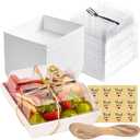 50 Pack Small Charcuterie Boxes with Clear Lids and Forks - To Go Paper Mini Charcuterie Box, Disposable Food Containers, 5Inch Dessert Boxes for Cookie, Cake Slice, Strawberries (White)