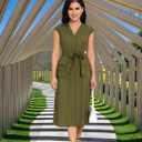 DeftSharp Women's V Neck Workday Dresses Button Down Swing Midi Shirt Dress with Pockets (Green)