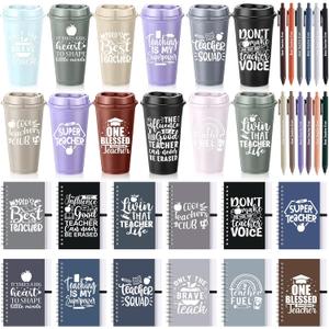 LemonRoad 36 Pcs Teacher Appreciation Gifts Bulk 16 oz Plastic Coffee Cup with Lid and Straw Notebooks and Pens Bulk Thank You Gift Set for Mentor Counselor (Teacher Wish,Morandi)
