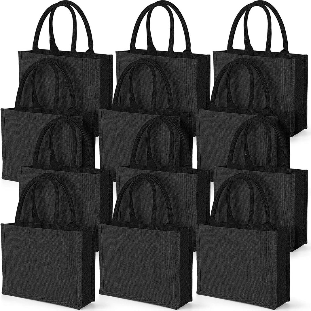 Reginary 12 Packs Black Burlap Tote Bags Jute Tote Wedding Bridesmaid Welcome Grocery Burlap Gift Bags with Handles Bulk Blank Shopping Kitchen Reusable for Market Beach DIY, 12.2 x 3.94 x 9.84 Inch