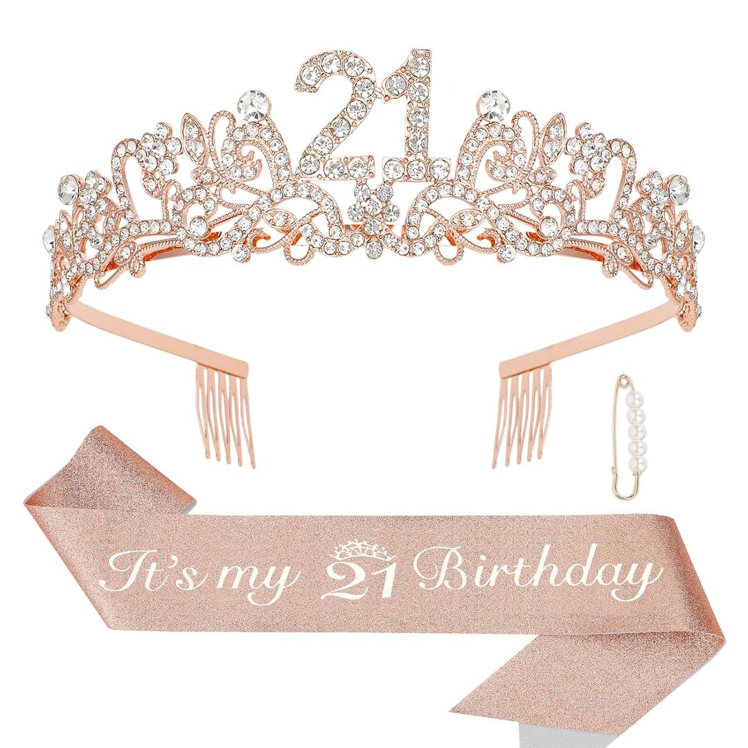 Semato 21st Birthday Decorations for Her - 21st Birthday Sash and Crown Kit for Girls Decorations 21st Tiara Party Favors