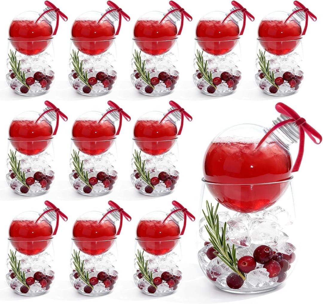 12 Set Cranberry Christmas Ornaments Booze Balls with Plastic Stemless Cups, 5.1oz Plastic Fillable Drink Bulbs Clear Ball Bottle Ornaments Shot Glasses for Adults Xmas Drinkware Party Decor