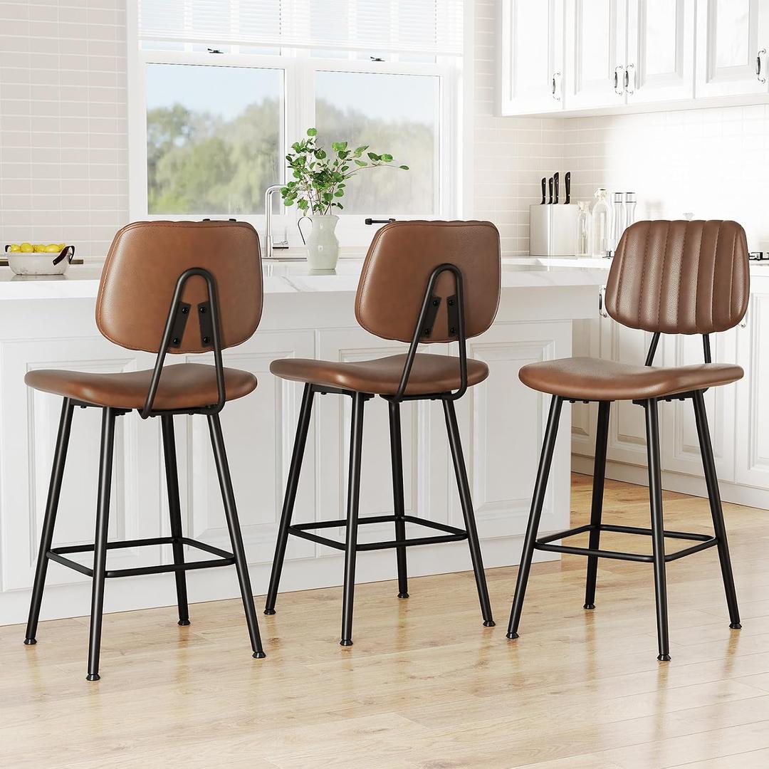 Raynesys 24-Inch Leather Bar Stools Set of 3 with High Backrest, Dark Brown, 24 Inch - 3 Pack