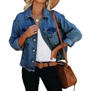 Women's Jean Denim Jacket Classic Trucker Shacket Button Up Frayed Cropped Loose Coats, Small