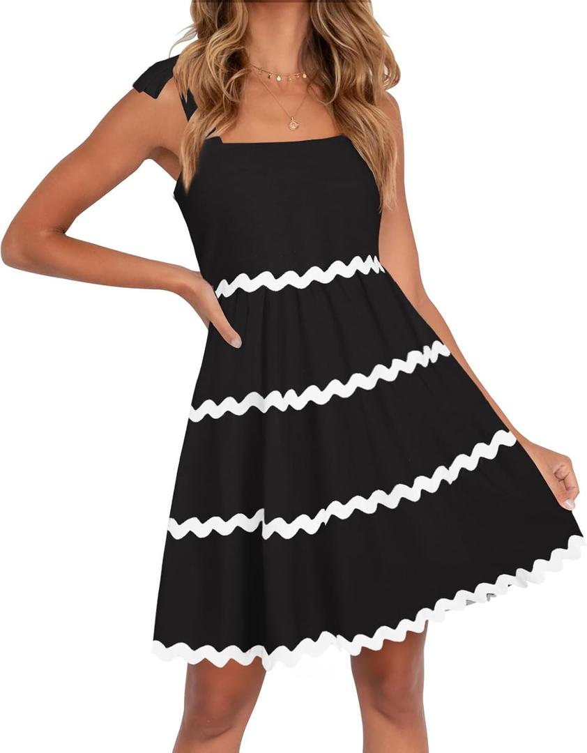 ZESICA Women's Summer Swing Mini Dress Casual Spaghetti Straps Sleeveless Smocked Backless Flowy A Line Sundress (Black, L)