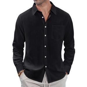 J.VER Men's Lightweight Linen Long Sleeve Shirt Casual Button Down Shirts Loose Fit Vacation Shirt with Pocket Black Large