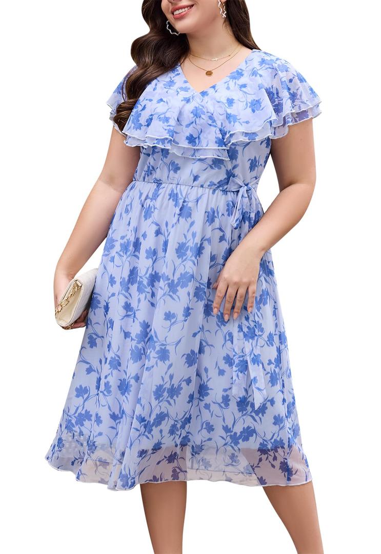 Keluummi Plus Size Summer Party Midi Dresses for Curvy Women, A Line Short Sleeves Chiffon Floral Formal Dresses(20 Plus, 01 - Light Blue Floral) (Blue)