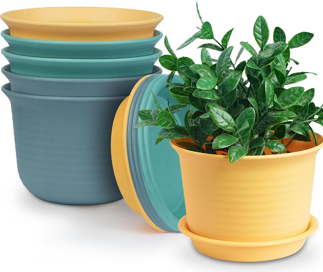 Hayder 6 Inch Plant Pots, 6 Pack Thick Plastic Flower Pots for Plants Indoor Outdoor, Planters with Drainage Holes and Saucers, Mix Color
