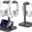 KDD Dual Headphone Stand for Desk - Rotatable Headset Hanger with Phone Holder - Removable Non-Slip Base for Gamers Desktop Accessories
