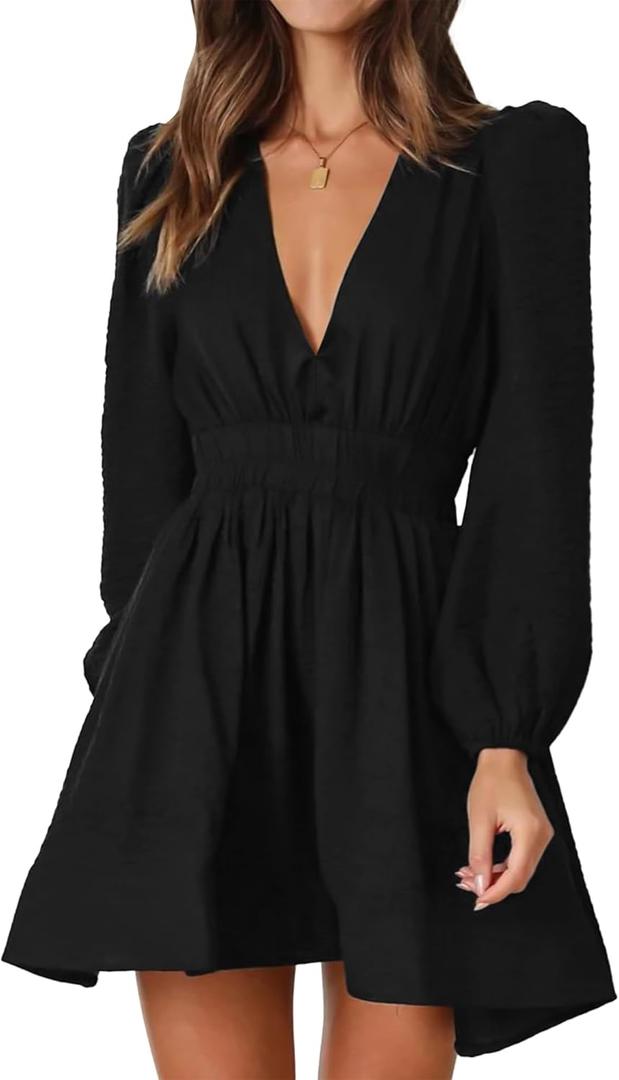 FAIABLE Mini Deep V Sexy Long Sleeve Dress for Women A-line High Waisted Casual Flowy Dress for Cocktail Wedding Guest, L