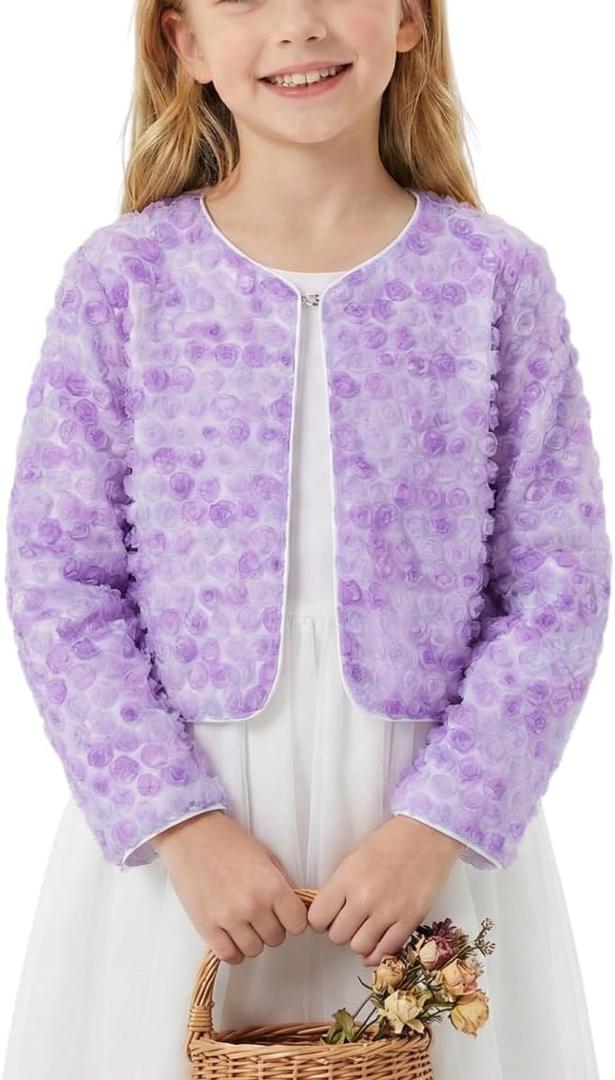 Girls 3D Flower Mesh Bolero Shrug Lightweight Sheer Cardigan for Party, Photos & Special Moments (Purple) 6-7Y