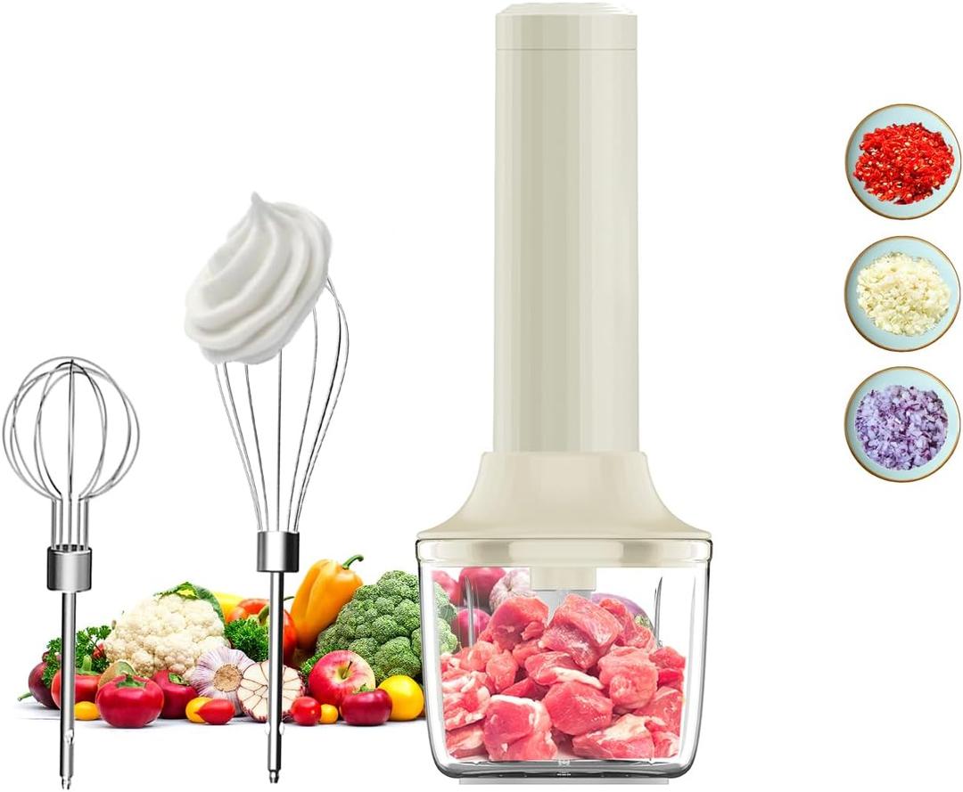 Cordless Hand Mixer, Electric Whisk, Hand Held Mini Mixers,Rechargeable Hand Mixer and Whisker,Food Chopper,Food Processor for Cooking, 4-Speed,10Oz (Beige)