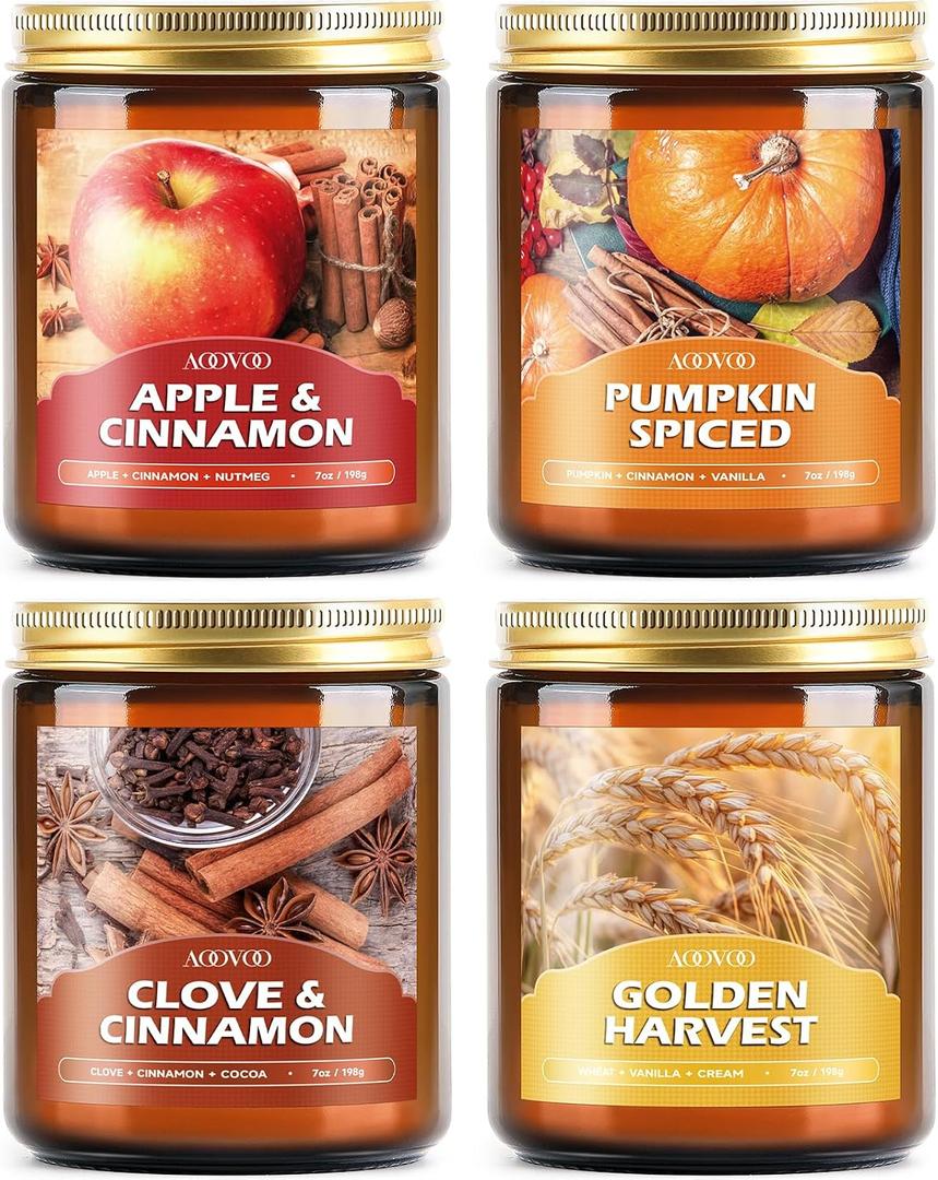 AOOVOO Fall Candles Set - 4 Pack Candles for Home Scented, 28 oz Natural Soy Wax 200 Hour Long Lasting, Autumn Gifts Set for Women Men Fall Fragrance of Pumpkin/Apple Cinnamon/Clove/Wheat Vanilla