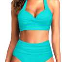 Tempt Me Women Two Piece Vintage Swimsuit Retro Halter Ruched High Waist Bikini with Bottom (Small, Blue Green)