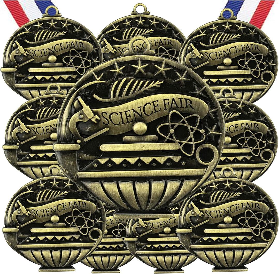 Express Medals Pack of 10 (or More) Engraved Scholastic Academic Award Medals with RWB Neck Ribbons (Design 2)