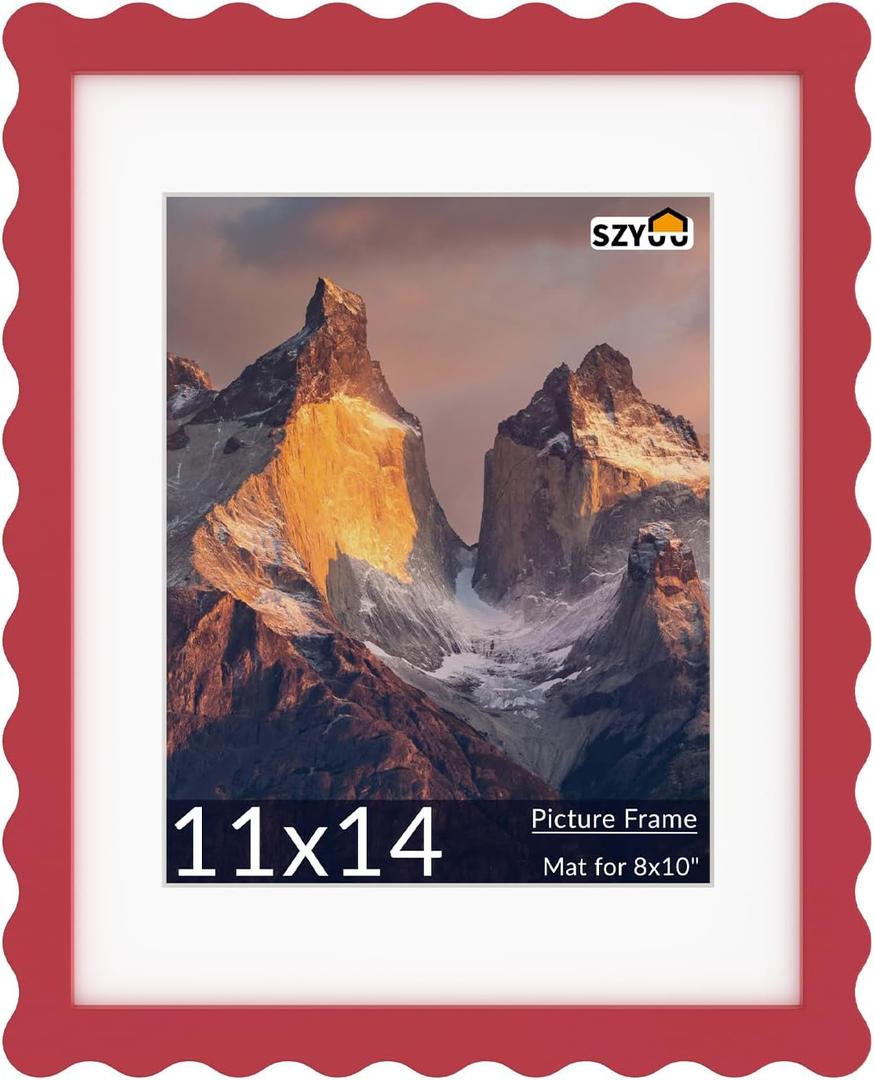 11x14 Wavy Picture Frame with Mat for 8x10, Real Glass and Wooden Frame - Tabletop or Wall Hanging Photo Frame(1 Pack, Red)