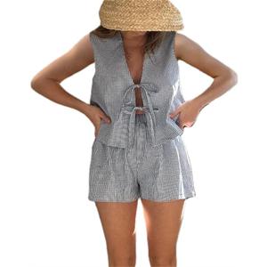 Women Casual Summer Lounge Set Y2k 2 Piece Outfits Set Sleeveless Tie Front Tank Top Vest Boxer Shorts Pj Set (Small, Dark Blue)