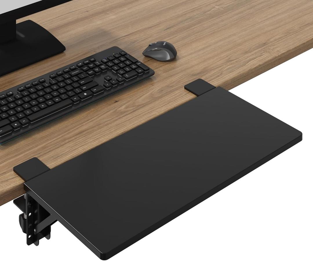 BONTEC Small Ergonomics Desk Extender Tray, 20x9.5 Inch Table Mount Arm Rest Shelf, 90 Foldable Keyboard Tray Platform, Clamp on Computer Arm Rest for Desk, Suitable for Office Desks, Black