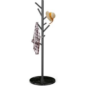Metal Modern Coat Rack Stand, Sturdy Freestanding Coat Rack with Natural Marble Base, Black Coat Racks and Coat Hall Tree Hanger Stand for Entryway, Hallway, Office (Black Marble base)
