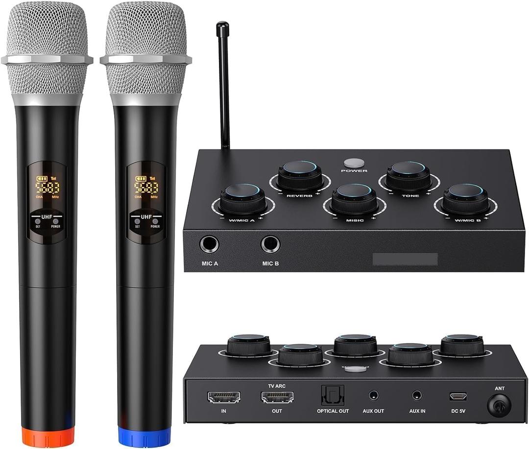 Wireless Microphone System, Dual UHF Portable Karaoke Microphone, HDMI & AUX in/Out, Optical Out, Stable Signal, 100ft Range  Wireless Mic for Singing, Karaoke, Church, Smart TV, PC, PA Speaker