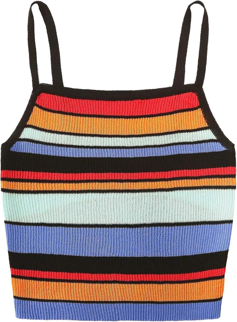 SweatyRocks Women's Sexy Strappy Crop Top Striped Print Ribbed Knit Cami Top (Large, 1-multicolor)