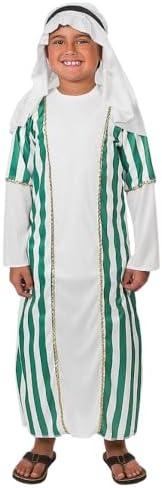 Fun Express Boys Shepherd Costume for Christmas Nativity Play - Kids Biblical Costume with Robe & Headpiece | Green White Striped Tunic for Pageant, Church & Holiday Programs | Child Medium 40.25"