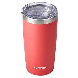SUNWILL Travel Coffee Tumbler 20 oz, Insulated Mug with Lid, Stainless Steel Cup for Hot and Cold Drinks, Powder Coated Coral